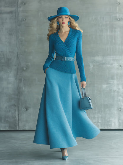 Ensemble Élégant en Tricot : Jupe Bleue et Pull Luxe au Style Vintage Argenté