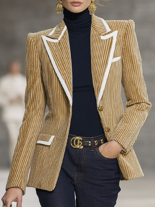 Veste en Velours Rayé à Bord Contrasté Chic