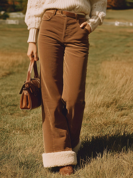 Vintage Western Brown Corduroy Straight-Leg Pants in Cozy Fleece