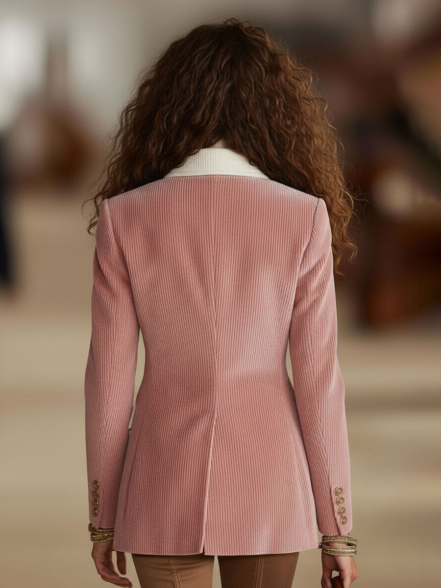 Veste décontractée en velours côtelé avec bouton unique à contraste élégant