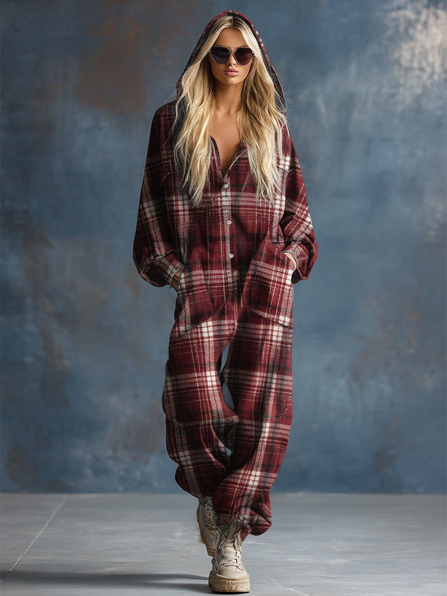 Combinaison Rétro à Carreaux Rouges avec Capuche et Boutons