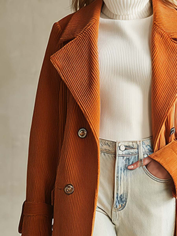 Mi-Long Manteau en Velours Côtelé Orange, Doublé en Polaire - Élégance Tendance