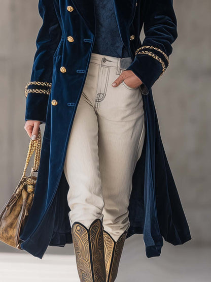 Veste en velours bleu nuit avec col en métal et boutons avant, embellie de touches dorées au style western
