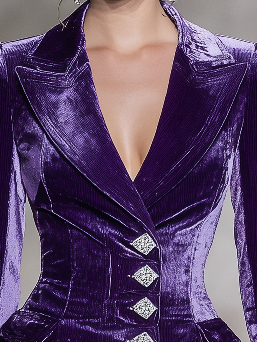 Élégant Blazer en Velours Violet avec Détails en Diamant