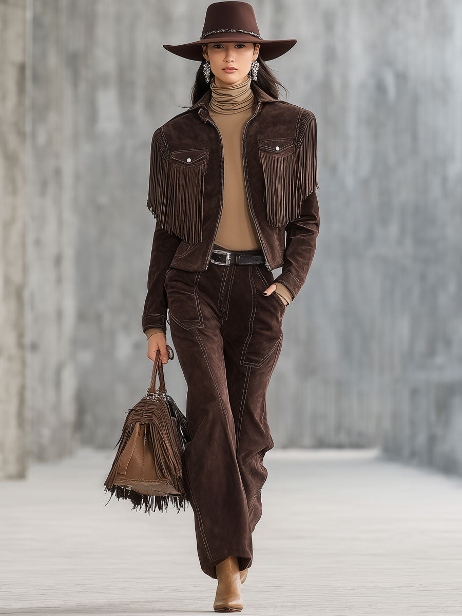 Ensemble Western Vintage : Veste en Suédine Cocoa Brun à Franges et Pantalon Droit