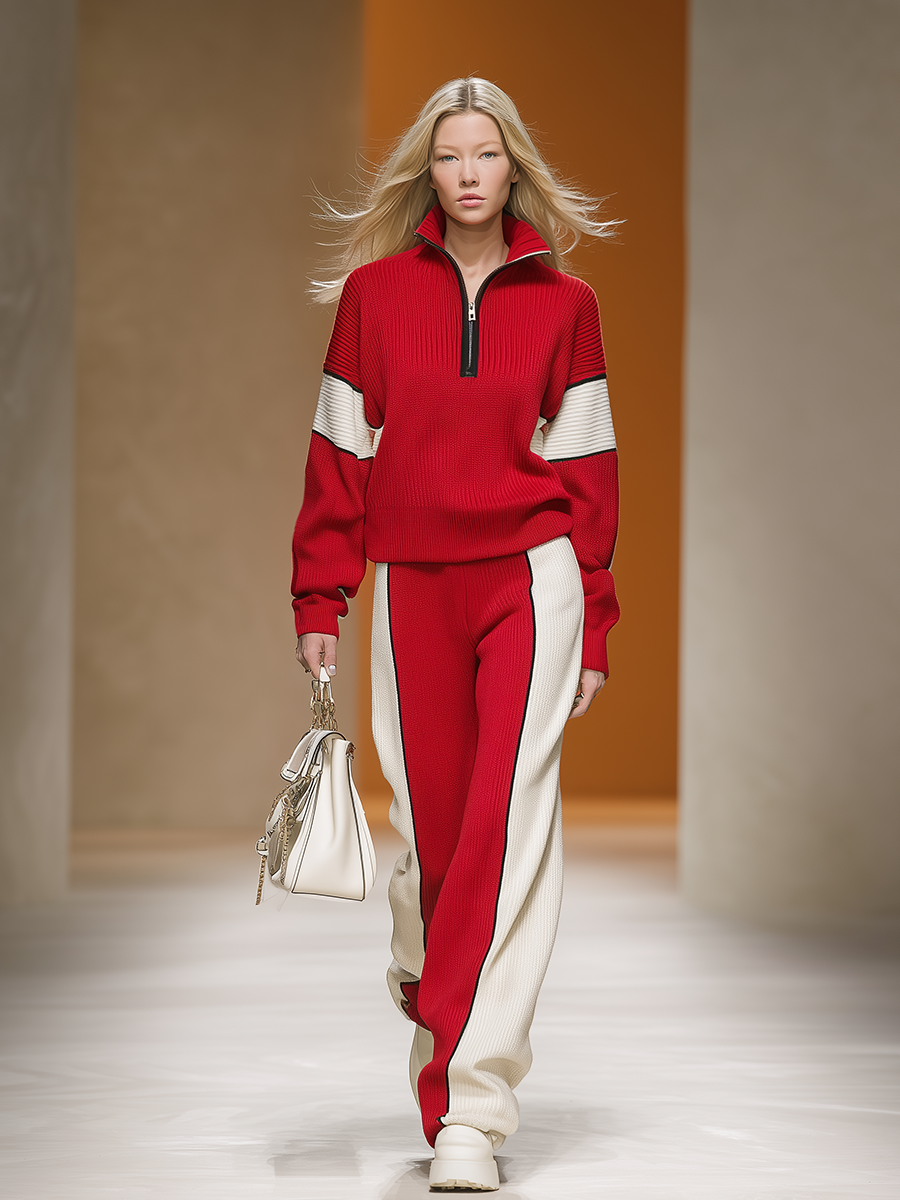 Ensemble Sportif Rétro : Haut et Pantalon Tricot Contrastés