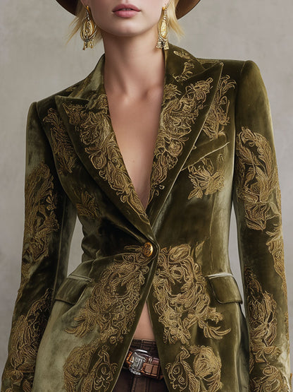 Veste décontractée en velours à motifs floraux rétro à un bouton