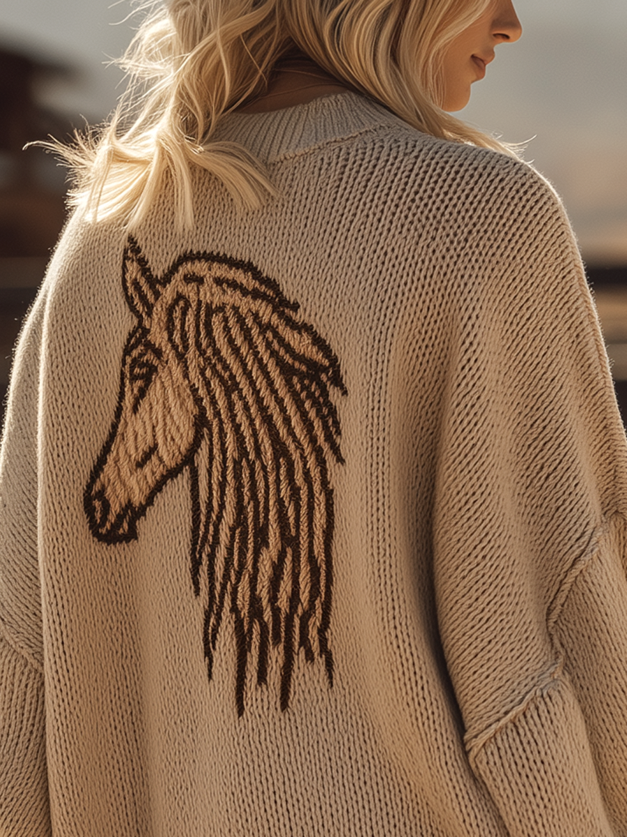 Cardigan Oversize en Tricot avec Motif Rétro de Tête de Cheval Western