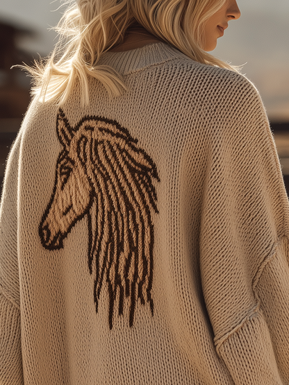 Cardigan Oversize en Tricot avec Motif Rétro de Tête de Cheval Western