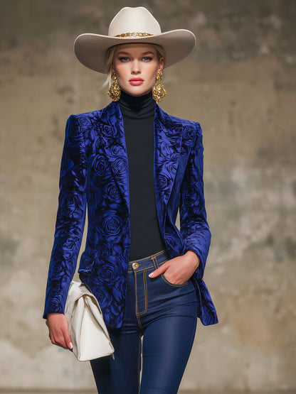 Veste en Velours à Revers Imprimé Rose et Bleu Royal