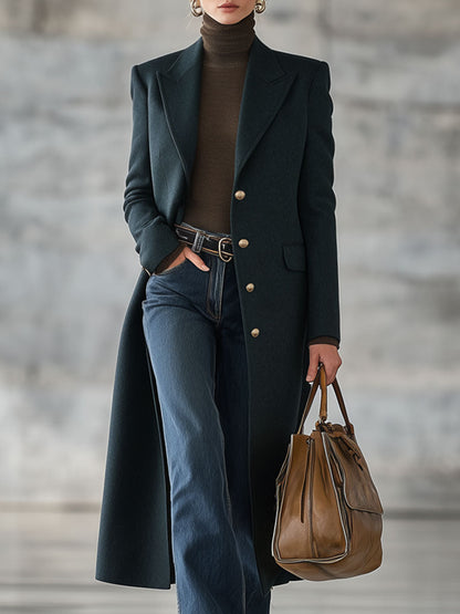 Veste Longue en Laine Verte Foncé au Style Rétro Décontracté