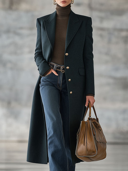 Veste Longue en Laine Verte Foncé au Style Rétro Décontracté