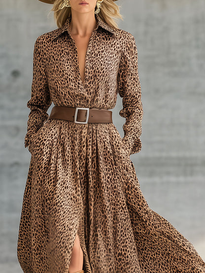Robe Maxi Imprimée Léopard Marron avec Ceinture - Style Rétro