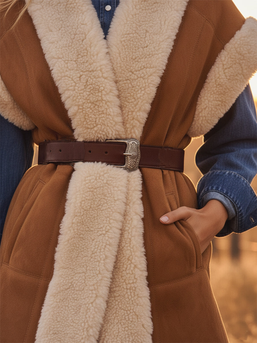 Veste en Velours Synthétique Brun au Style Western Rétro