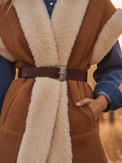 Veste en velours synthétique brun au style rétro occidental