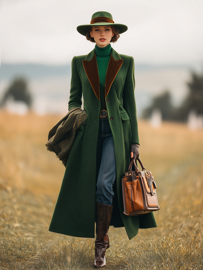 Chic Manteau Long en Laine avec Revers Contrastés au Style Rétro
