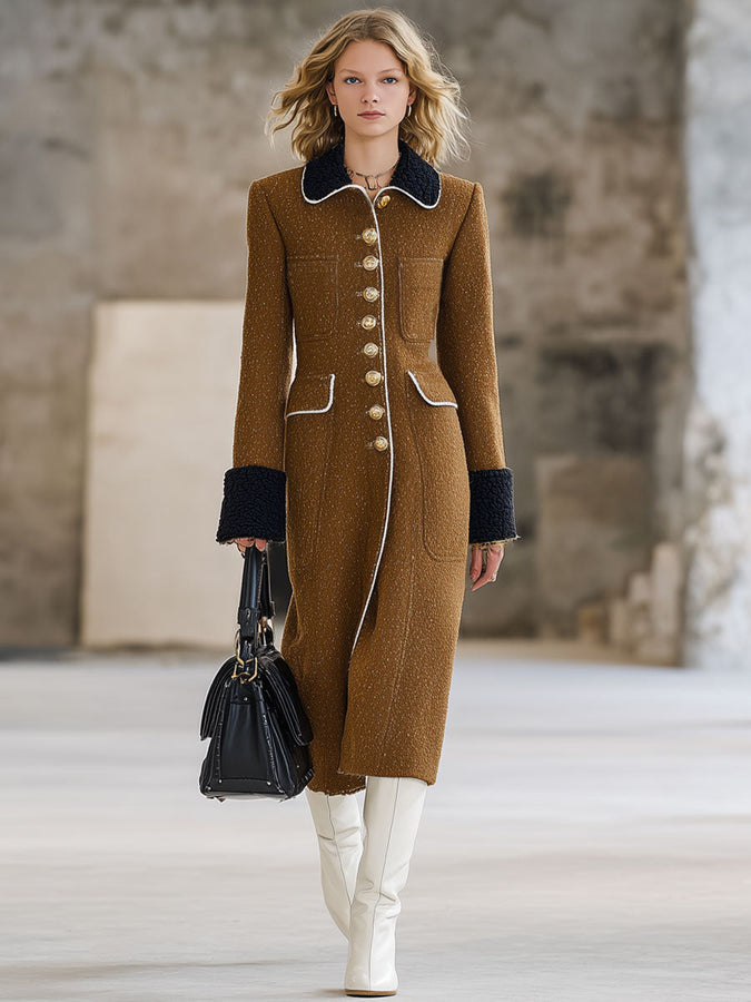 Long Camel Wool Coat with Retro Black Fleece Panels - Oversized Style