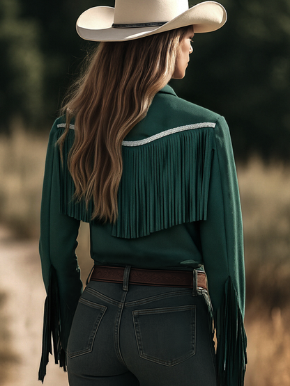 Chemise Bohémienne en Suède à Franges - Col Revers Rétro, Manches Longues - Expédition en 24 Heures