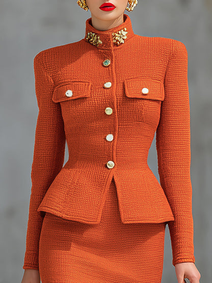 Ensemble Chic : Cardigan Tricoté à Col Montant et Jupe