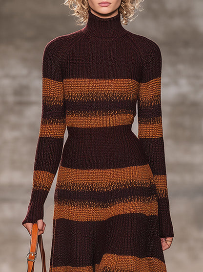 Robe Maxi Tricot Rayée Caramel et Chocolat avec Col Montant - Chic Rétro