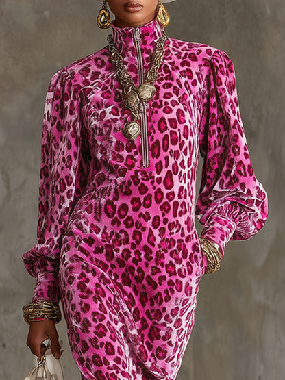 Robe Midi en Velours Léopard avec Manches Bouffantes et Col Montant à Zip