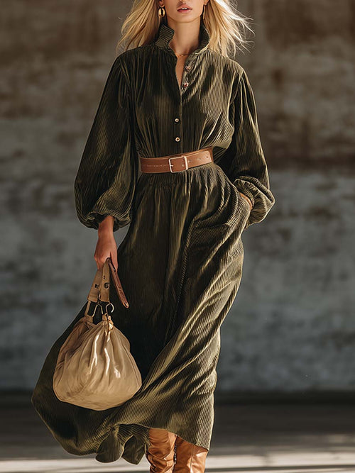 Robe Maxi Décontractée en Velours Texturé Vert Armée au Style Rétro