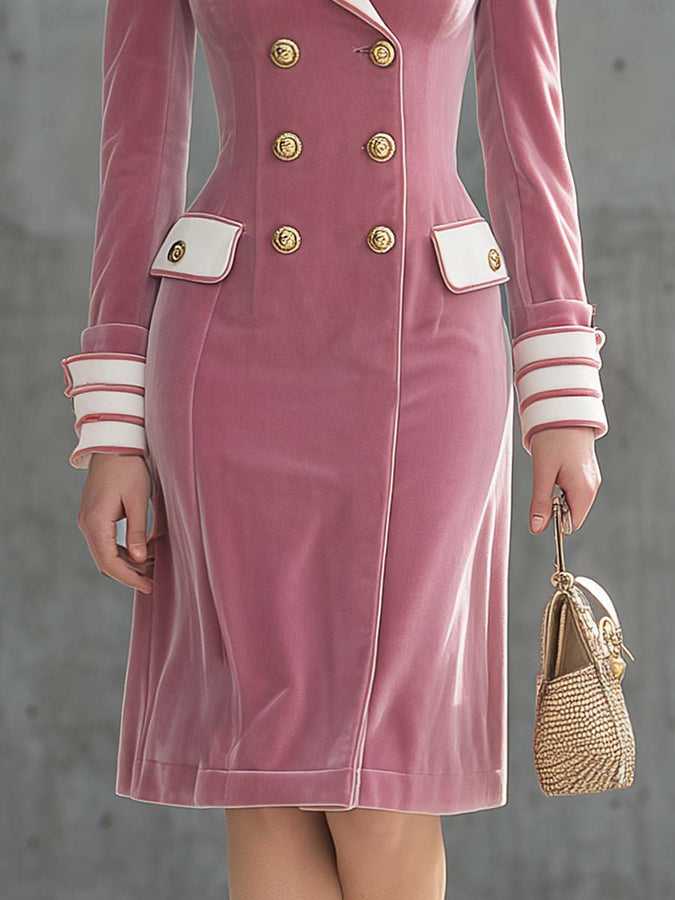 Robe Midi Vintage en Velours Rose Pâle avec Revers Contrastés et Double Boutonnage