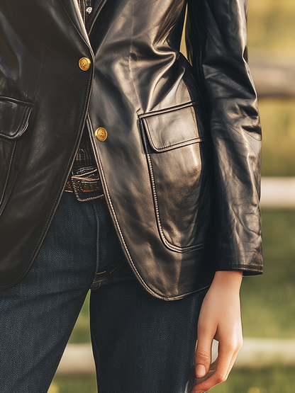 Blazer Western Élégant en Faux Cuir avec Multiples Poches