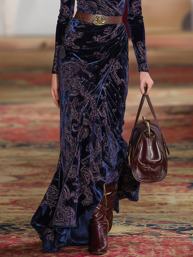 Robe Maxi Velours Rétro Western à Col en V et Manches Longues