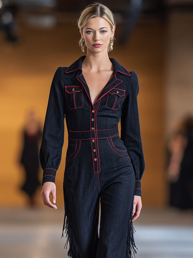 Salopette Évasée en Denim Bleu Marine à Franges avec Coutures Rouges Rétro et Manches Longues