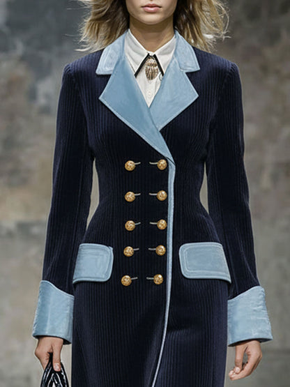 Long Vintage Blue Velvet Coat with Navy Velvet Trim