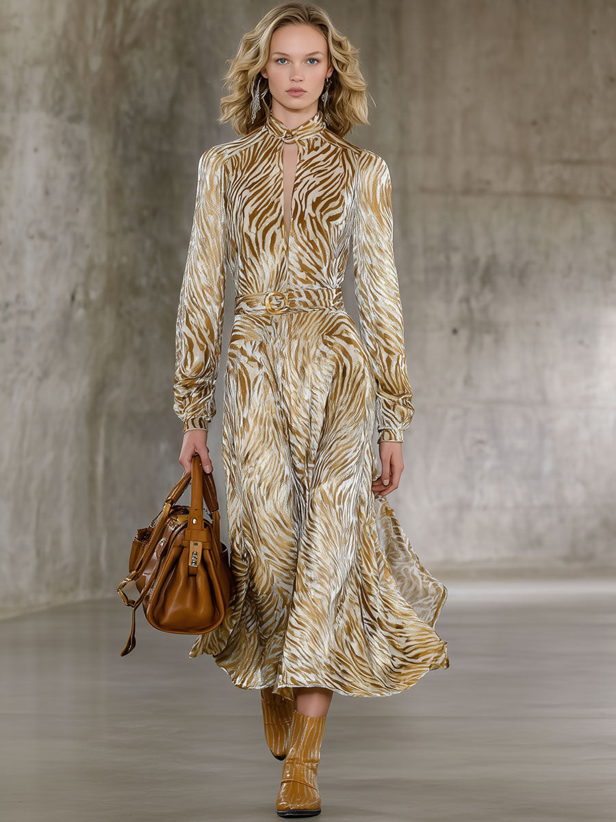 Robe Midi en Velours Champagne Doré à Motif Zèbre Rétro avec Manches Longues