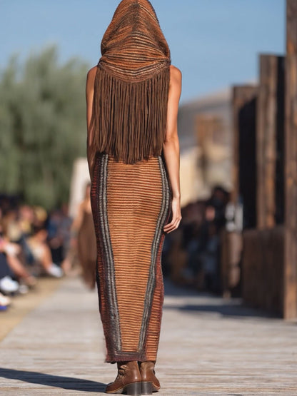 Robe Maxi Tricotée à Capuche avec Franges - Style Western Rétro à Rayures Colorées, Expédition en 24 Heures!