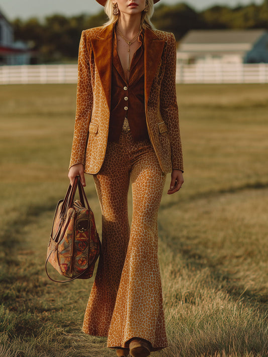 Veste en Velours Imprimé Léopard Orange au Style Western Rétro avec Pantalon Évasé