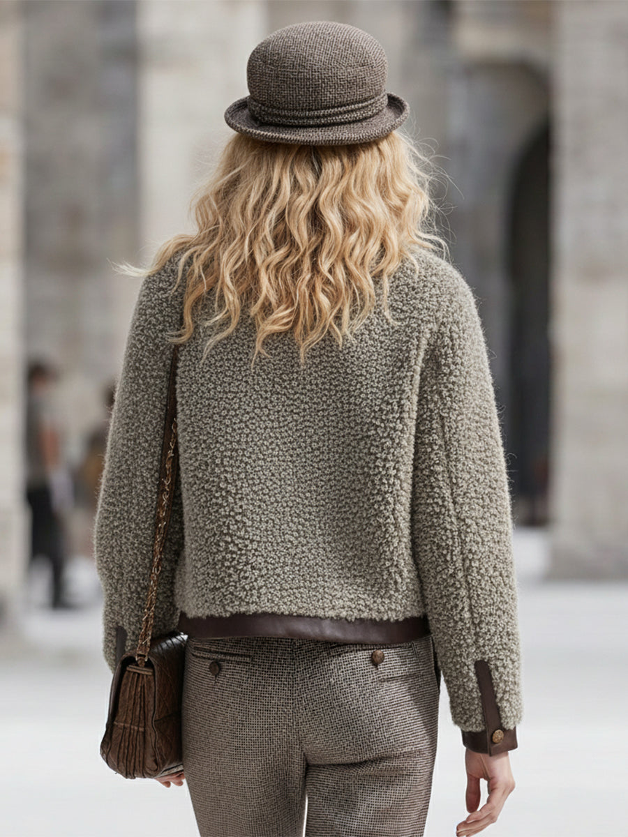 Veste Rétro en Fausse Fourrure avec Détails en Simili Cuir et Col Rond