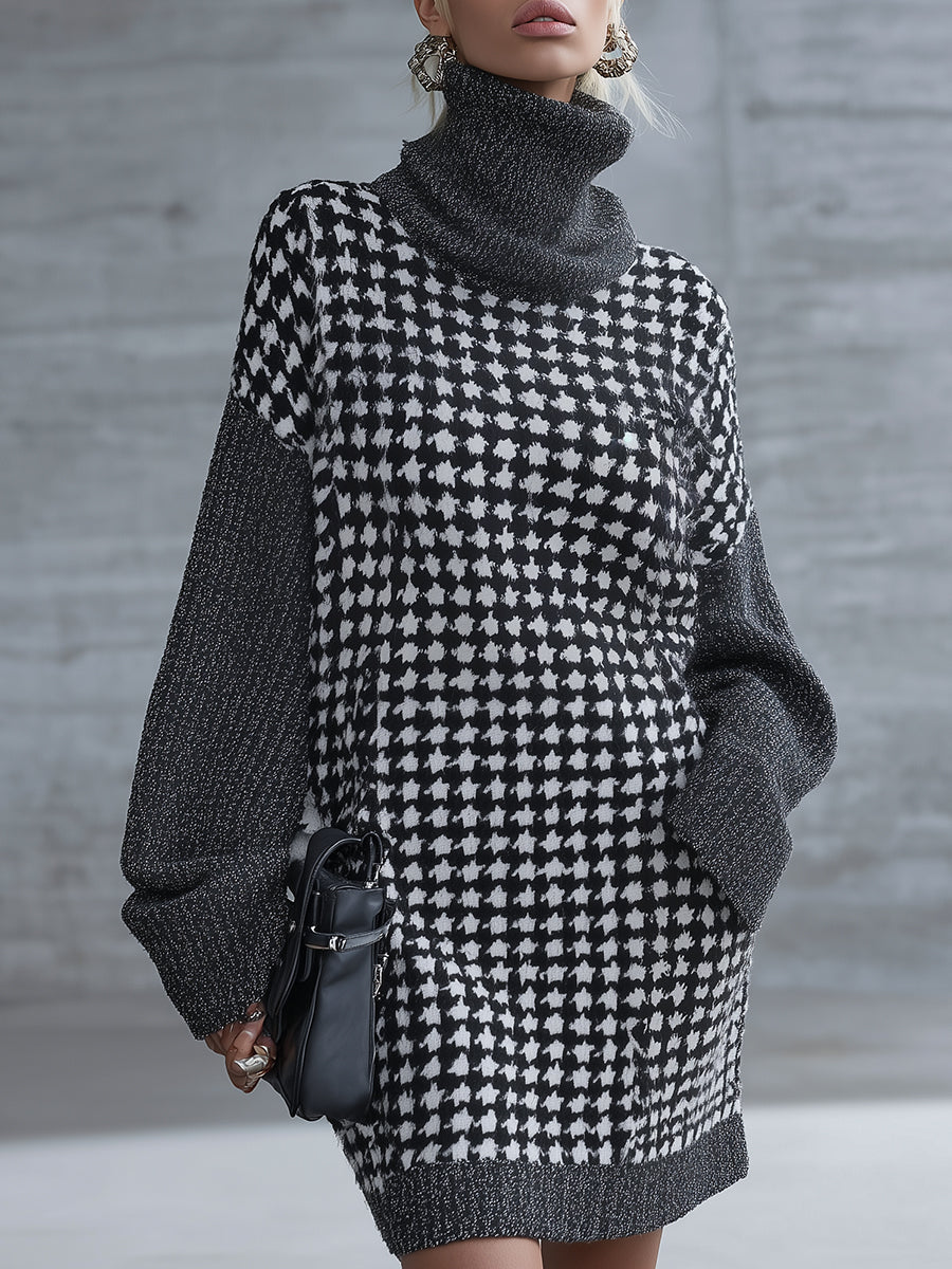 Élégante Robe Mini en Tricot Houndstooth Grise avec Col Montant