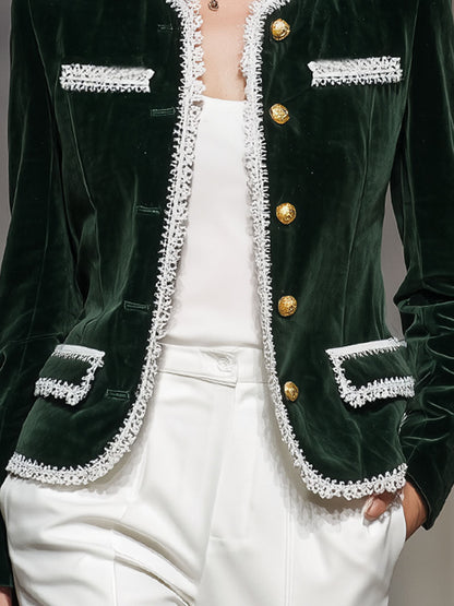 Veste en Velours Élégante à Col Ronde, Boutonnage Pratique et Poches Multiples