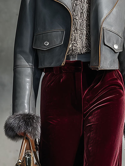 Veste Vintage Décontractée en Cuir Synthétique Gris avec Col en Fourrure Zippé