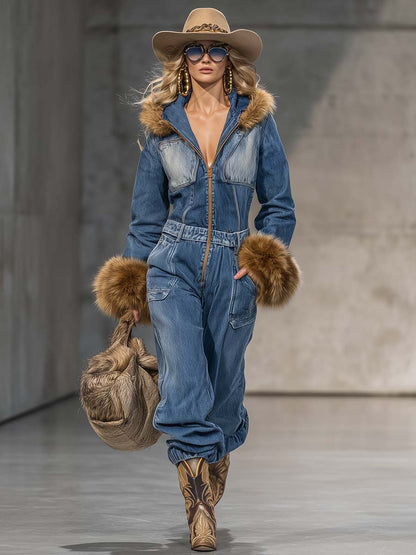 Salopette en denim bleu avec capuche vintage Wild West et poignets en fausse fourrure à zip