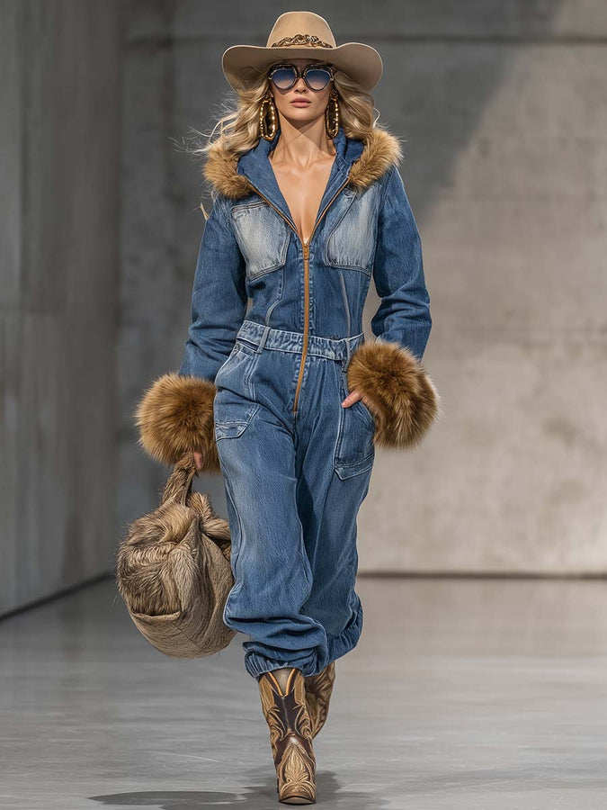 Salopette en denim bleu avec capuche vintage Wild West et poignets en fausse fourrure à zip
