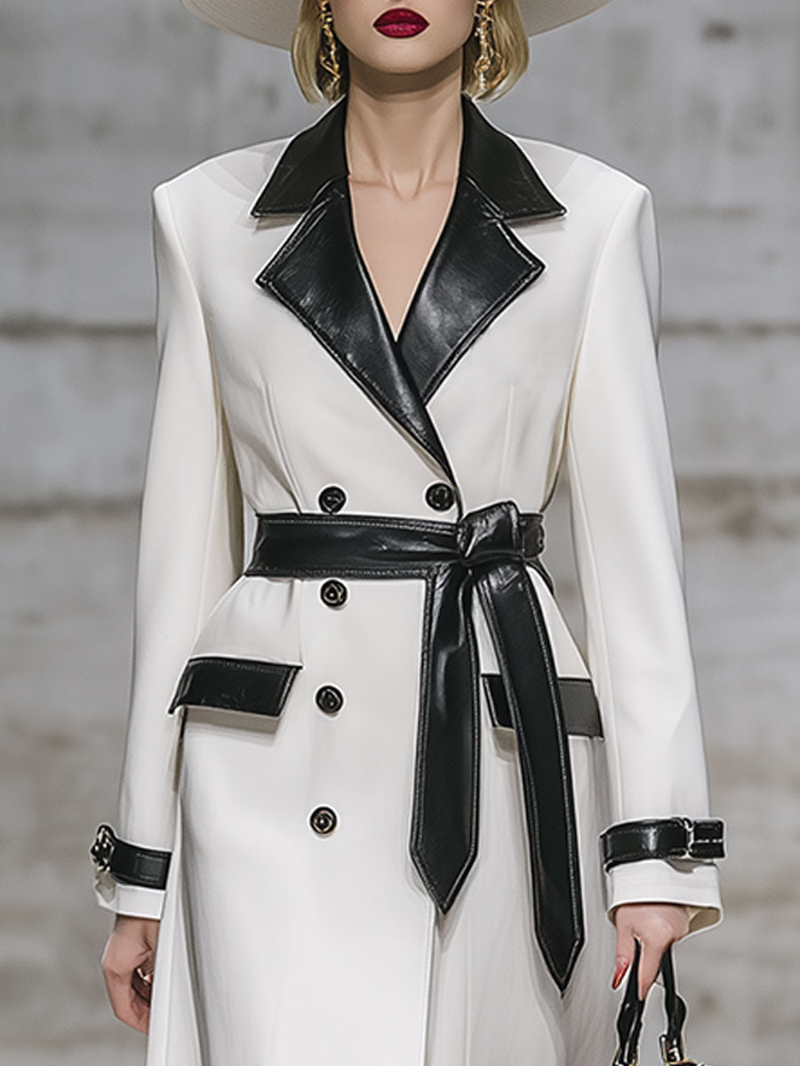 Mi-Long Manteau en Simili Cuir avec Col Chic et Coutures Contrastées