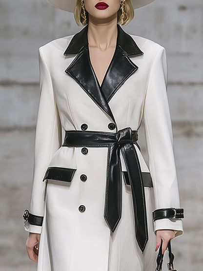 Mi-Long Manteau en Simili Cuir avec Col Chic et Coutures Contrastées