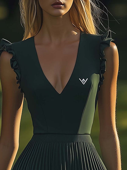 Élégante Robe Mini Vert Foncé à Col V et Ourlet Plissé
