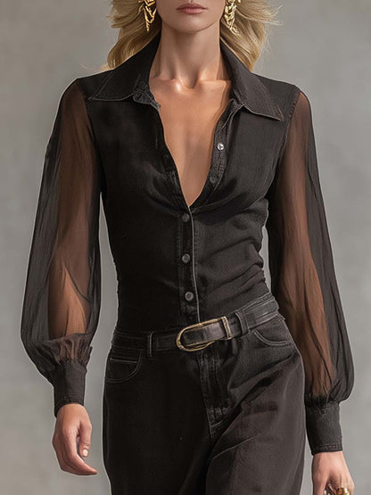 Robe Maxi en Denim Noir Transparent à Manches Longues et Col V avec Détails Vintage Western
