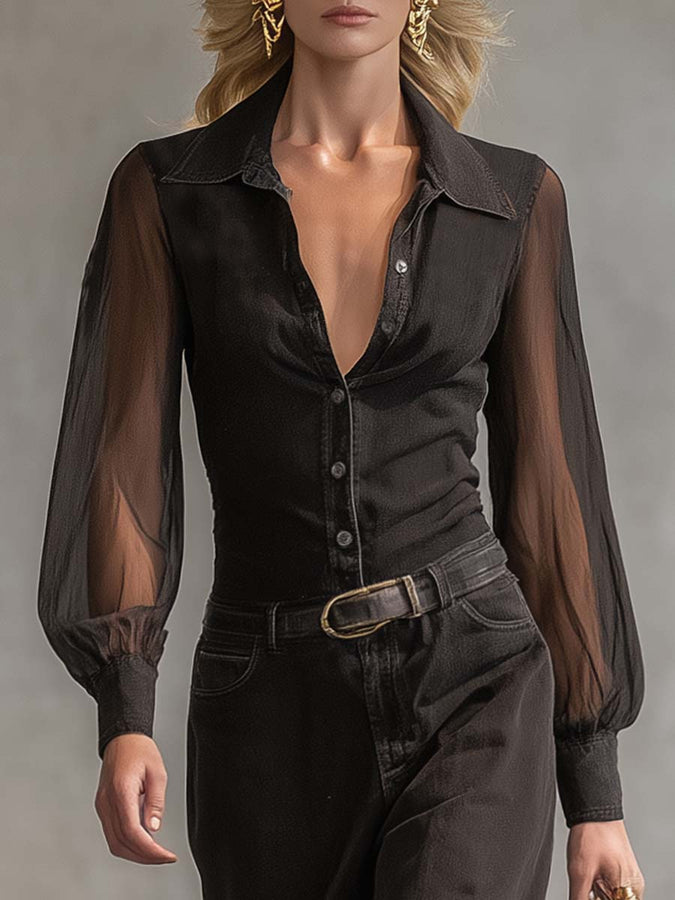 Maxi Robe en Denim Noir Transparent à Manches Longues avec Détails Vintage Western et Décolleté en V