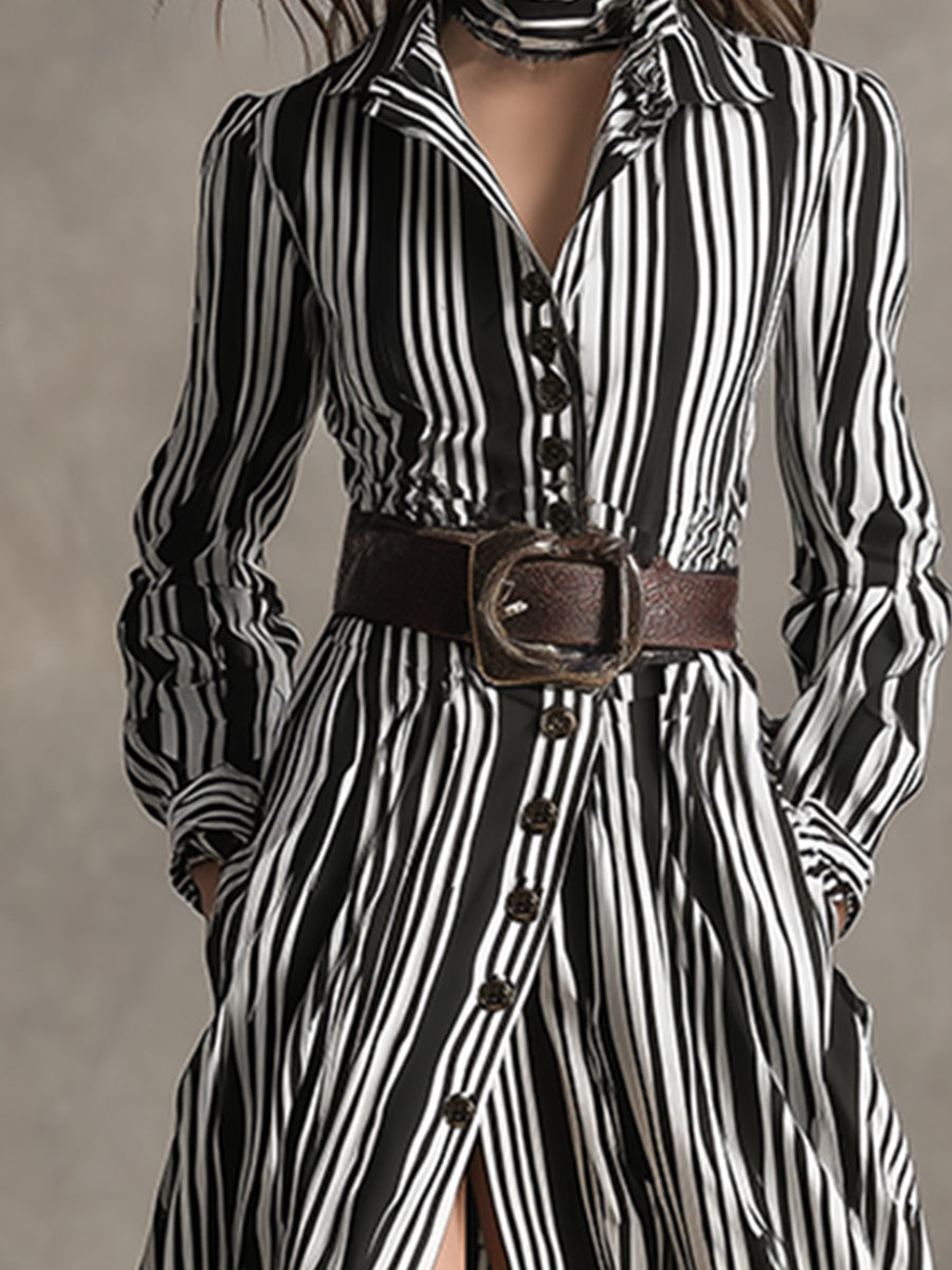 Robe Maxi Rayée Noir et Blanc avec Col Revers et Ceinture Éclair