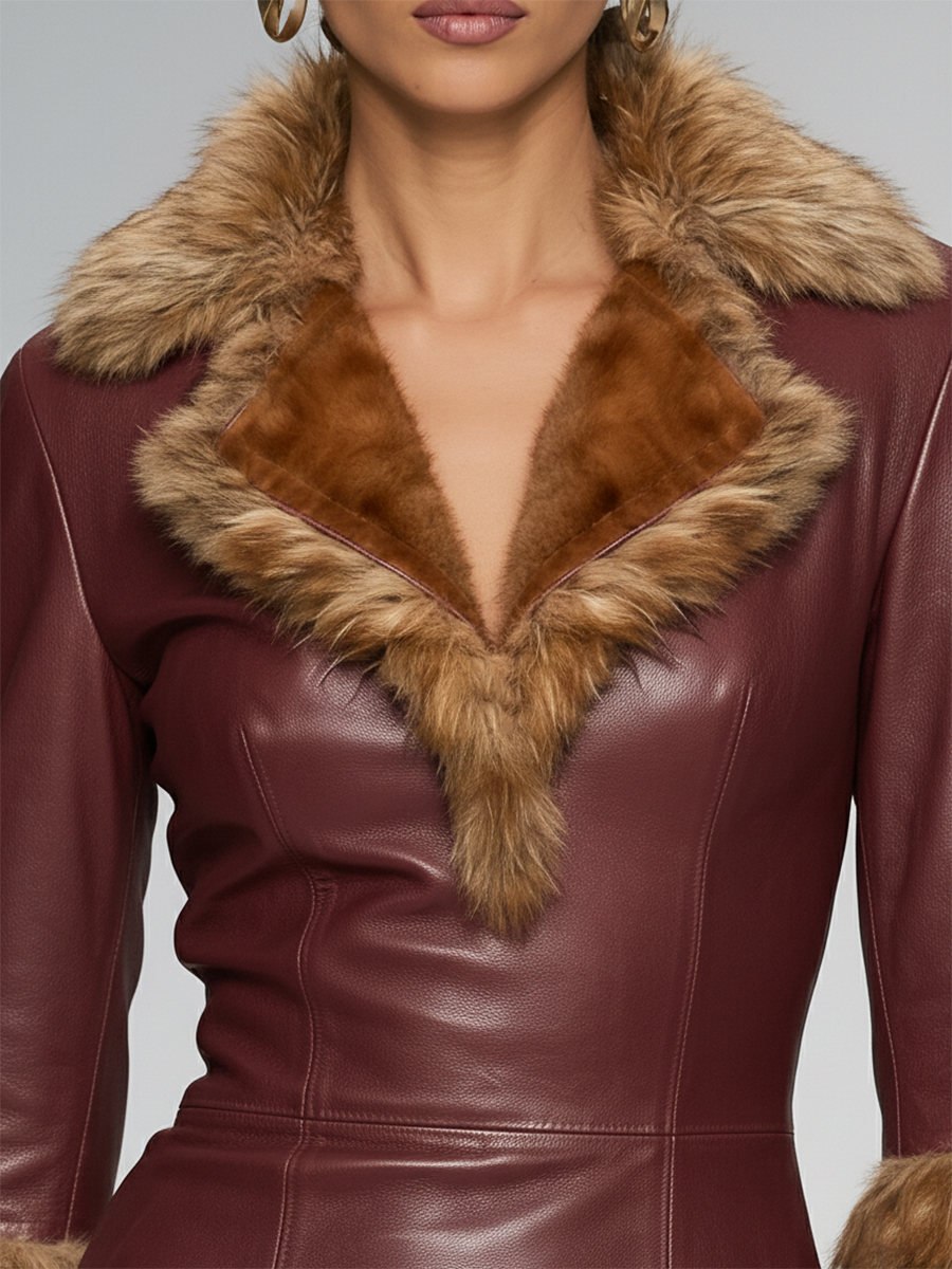 Robe Midi Chic en Simili Cuir avec Col en Fausse Fourrure - Élégance Urbaine Rétro