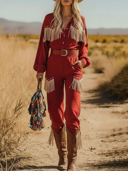 Ensemble Western Rétro : Chemise Longue en Suédine Rouge et Pantalon à Franges