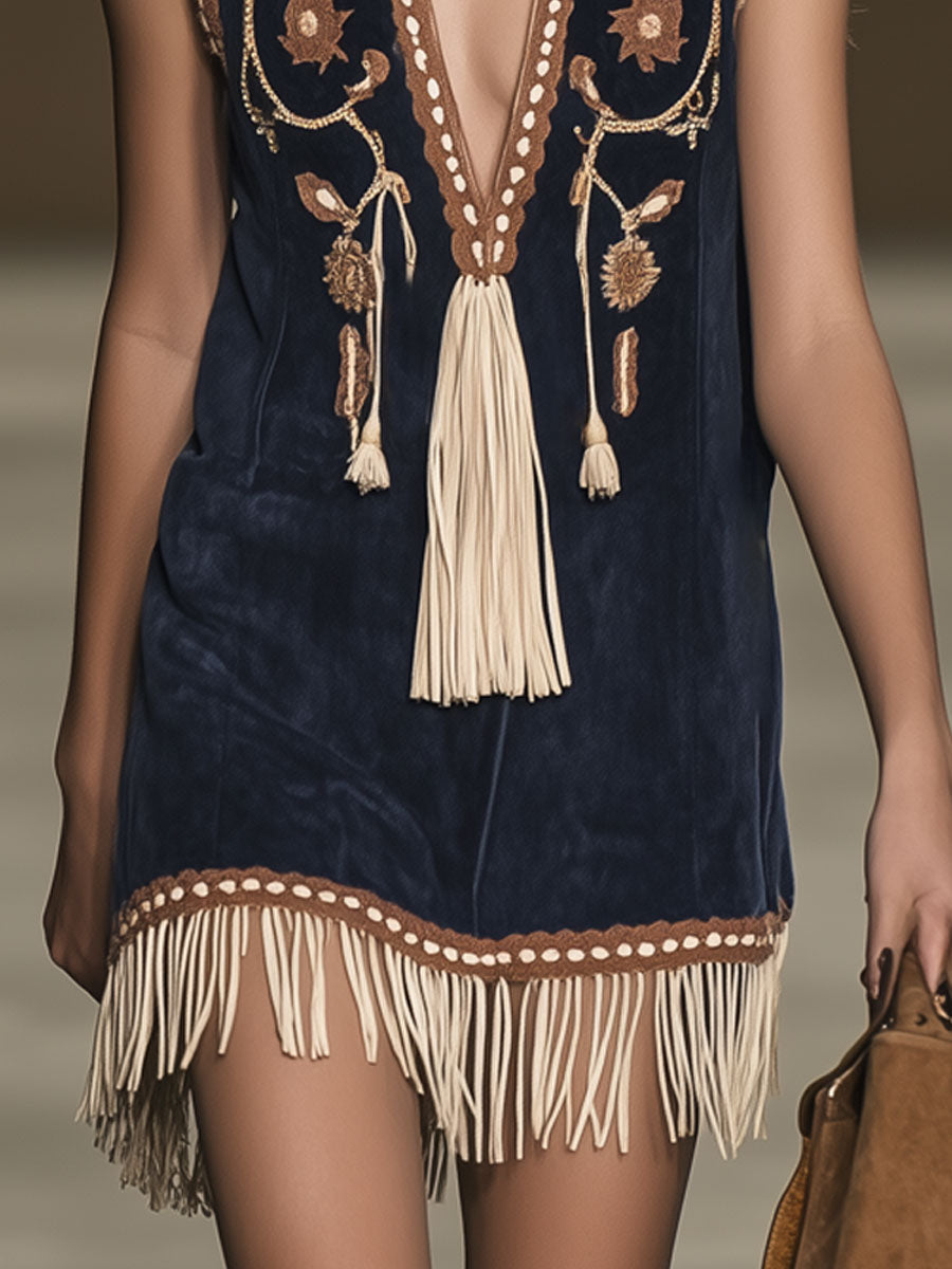 Robe Mini Bohémienne Vintage en Suède Émoussée – Broderies Élégantes et Franges, Expédition Rapide en 24 Heures