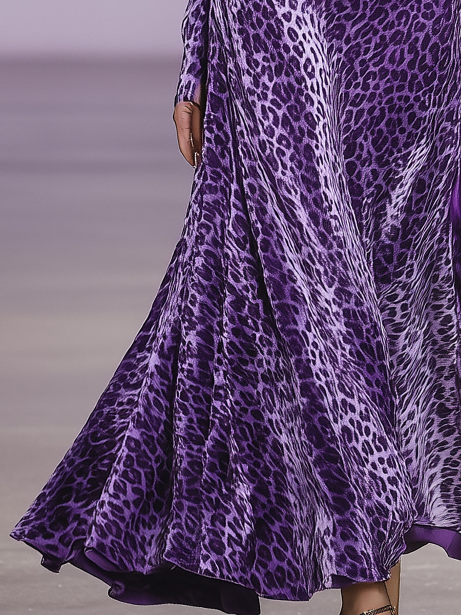 Robe Maxi en Velours Violet à Imprimé Léopard avec Capuche